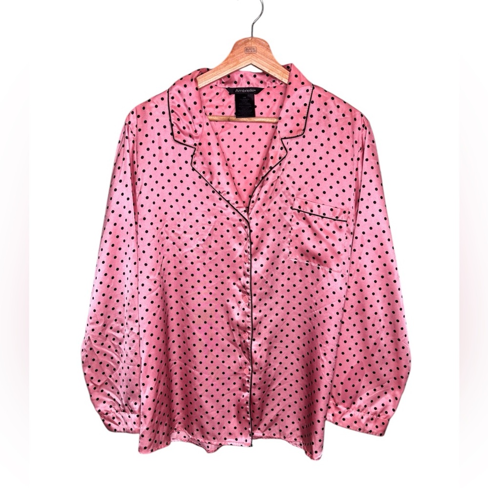 Pink and Black Silky Polka Dot Y2K Button Up Sleep Lingerie Blouse Size Large